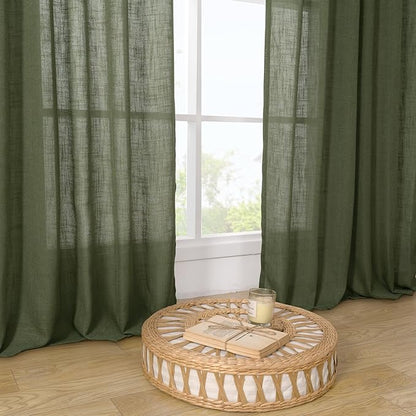 LAMIT Semi Sheer Window Linen Curtains 54 Inch Length, Light Filtering Panels Back Tab and Rod Pocket Christmas Drapes for Bedroom/Living Room, Olive Green, 2 Panels, 34 x 54 Inch