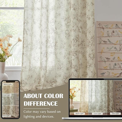 jinchan Linen Floral Curtains for Living Room 84 Inch Length Taupe Printed Flower French Country Curtain Farmhouse Cottage Core Toile Curtains Back Tab Light Filtering Window Drapes Set 2 Panels