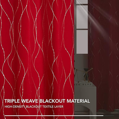 Deconovo Short Blackout Curtains, Christmas Red Curtain, Thermal Insulated Soundproof Drapes, Wave Line Dots Foil Print, 38 x 54 Inch, 2 Panels, Machine‑Washable Window Drape for Kitchen Small Window