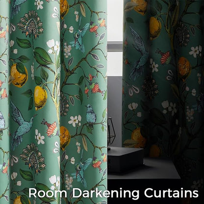 Topfinel 80 Inches Long Custom Sage Green Luxury Curtains for Living Room Bedroom, Blackout Vintage Victorian Curtains Floral Lemon Hummingbird Printed Grommet Drape 80 Inch Length