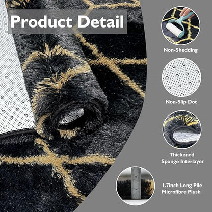 6x9 Fluffy Area Rugs for Living Room,Shag Area Rug for Bedroom,Geometric Soft Fuzzy Rug Non-Shedding Indoor Plush Carpet for Kids Bedroom Nursery Home Decor,Black and Gold