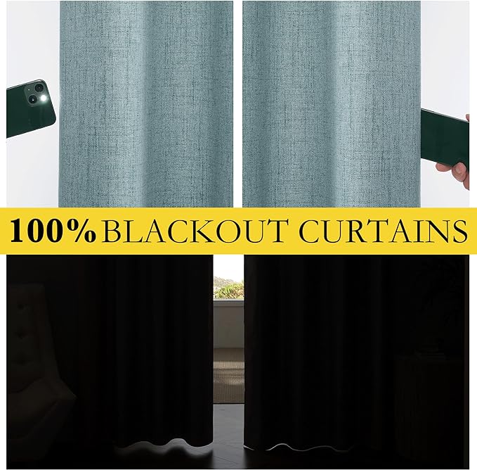 NICETOWN 100% Absolutely Blackout Linen Curtains with Thermal Insulated Liner, Skylark Blue, 62" Wide, 95" Length Energy Saving Curtains for Living Room 2 Panels Set, Vertical Blinds