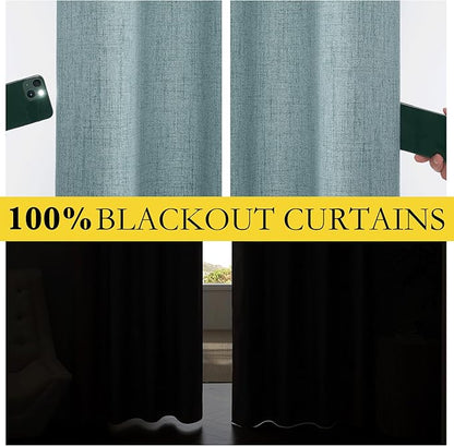 NICETOWN 100% Absolutely Blackout Linen Curtains with Thermal Insulated White Liner, Skylark Blue, 52" Wide, 108" Length Energy Saving Curtains for Living Room 2 Panels Set, Vertical Blinds
