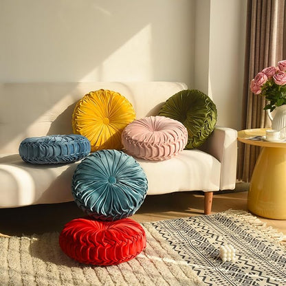 HIG Set of 2 Red Ruched Velvet Round Throw Pillows – 14.5’’ Decorative Pillows with Soft Polyester Filling for Couch, Bed, Living Room, Bedroom, or Dorm – Handmade, Stress Relieving, All-Season