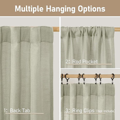 LAMIT 95 Inches Long Sage Grey Linen Curtains for Living Room, Back Tab and Rod Pocket Semi Sheer Curtains Light Filtering Farmhouse Drapes for Bedroom/Dining Room, Set of 2, 52 x 95 Inch