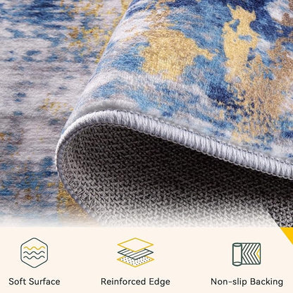 Washable Area Rugs 7x10 Non-Slip Modern Abstract Soft for Living Room Entryway Bedroom Nursery, Print Pattern, Grey Blue Gold/Golden