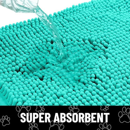 Smiry Dog Door Mat for Muddy Paws, Absorbent Dirt Trapper Non Slip Quick Dry Washable Chenille Mat for Mud Dogs, Entry Rug for Indoor and Outdoor (24x16 Inches, Turquoise and White)