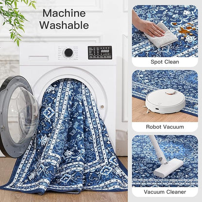 Lofus 6x9 Area Rugs for Living Room, Machine Washable Non-Slip Area Rug, Low Pile Large Rugs for Bedroom, Kitchen, Dining Room, Home Office, Vintage Oriental Print Rug, Dark Blue with White