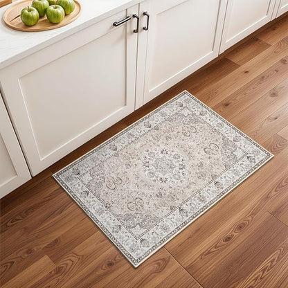 Washable 2x3 Entryway Area Rug - Neutral Kitchen Rug Runner Vintage Soft Floor Mat Non Slip Indoor Farmhouse Carpet for Bathroom Living Room Bedroom (2 X 3, Beige)
