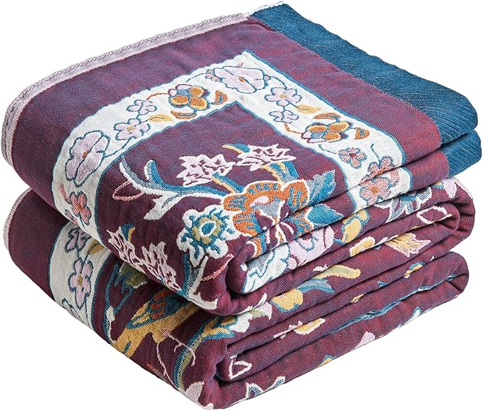 MSGKV Boho Throw Blanket for Couch 50"x60" 100% Cotton Sofa Floral Bird Blanket Spring Breathable Lightweight Muslin Home Decorative Blankets