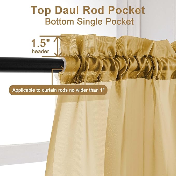 Chyhomenyc Gold Sheer Curtains 45 Inch Long 2 Panels, Short Voile Drapes for Dinning Small Windows Bathroom Living Room Bedroom, Rod Pocket, 42Wx45L Inches