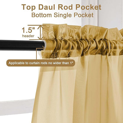 Chyhomenyc Gold Sheer Curtains 45 Inch Long 2 Panels, Short Voile Drapes for Dinning Small Windows Bathroom Living Room Bedroom, Rod Pocket, 42Wx45L Inches