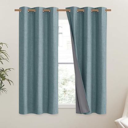 NICETOWN 100% Absolutely Blackout Linen Curtains with Thermal Insulated White Liner, Skylark Blue, 42" Wide, 63" Length Energy Saving Curtains for Small Window 2 Panels Set, Vertical Blinds
