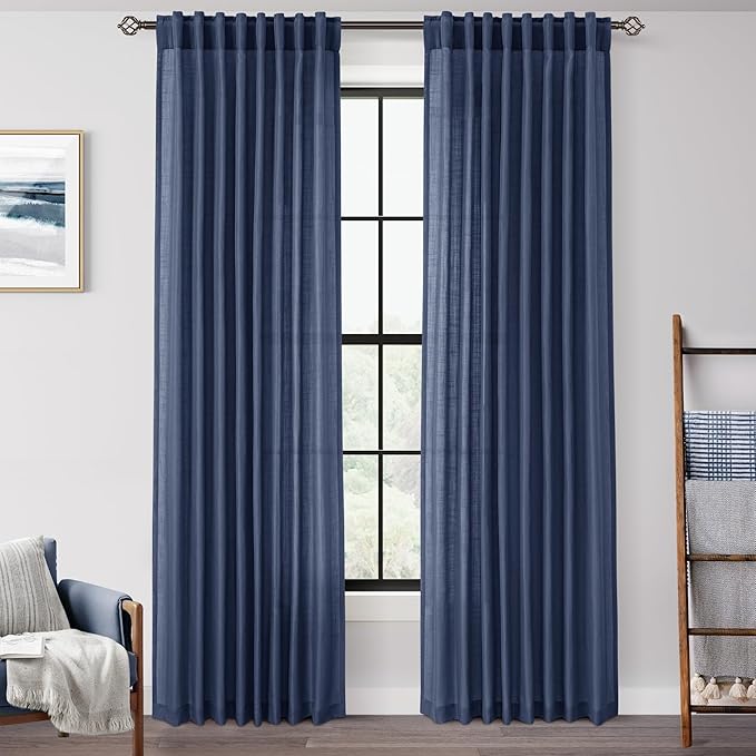 Navy Blue Curtains 96 inch Length for Bedroom Back Tab Light Filtering Semi Sheer Blue Living Room Curtains Linen Cotton Textured Indigo Blue Drapery Panel Modern Aesthetic Decor 60" Wx96 L