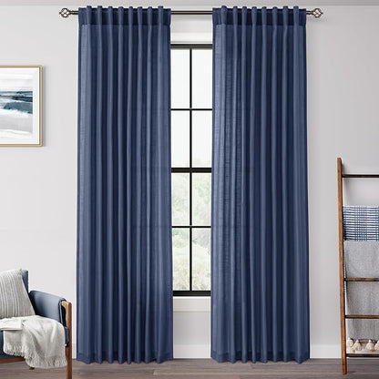 Navy Blue Curtains 96 inch Length for Bedroom Back Tab Light Filtering Semi Sheer Blue Living Room Curtains Linen Cotton Textured Indigo Blue Drapery Panel Modern Aesthetic Decor 60" Wx96 L