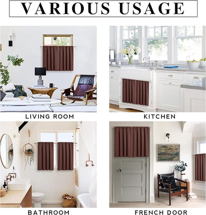 RYB HOME Small Curtains for Bathroom Window, Heavy Duty Thick Privacy Panels Blackout Energy Smart Curtains Drapes for Kitchen Cabinet, Wide 42 x Long 45 inch, 2 Panel Set, Chocolate Brown