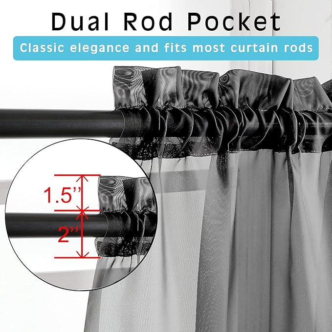 OVZME 2 Panels Sheer Black Curtains 72 Inches Length Window Treatment for Kitchen, Elegant Airy Transparent Curtain Draperies Rod Pocket for Kids Living Room, Each 42 Width 72 Length