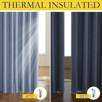 NICETOWN Stone Blue Vintage Linen 100% Blackout Curtains for Living Room, Thermal Insulated Curtains 102“ Long, Noise Reducing Window Treatment Drapes for Home Office, 62" Wide Per Panel, Set of 2