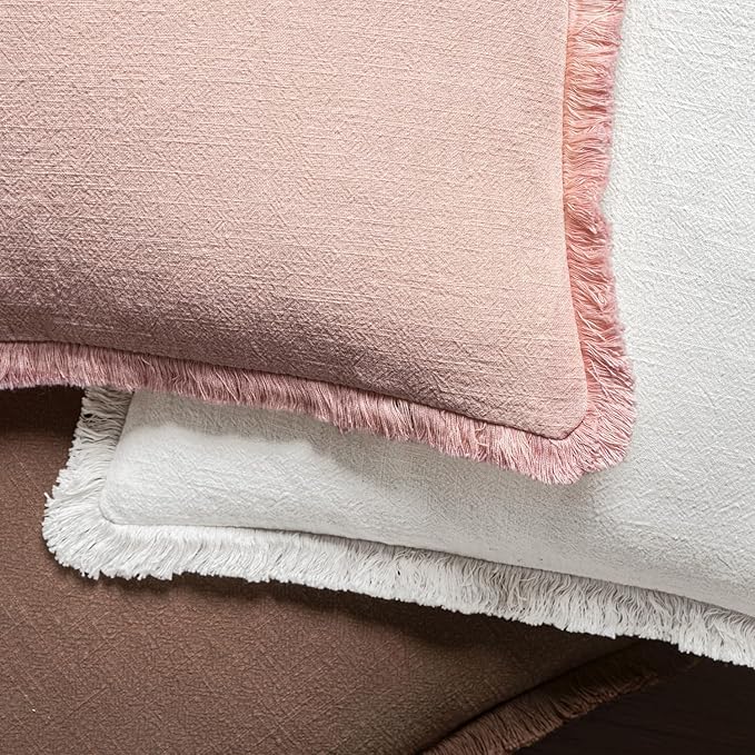 MIULEE Decorative Throw Pillow Covers Neutral Linen Fringe Throw Pillows Euro Shams Set of 2 White Boho Farmhouse Cushion Covers for Couch Sofa Bed Living Room Spring Home Decor 26x26 Inch