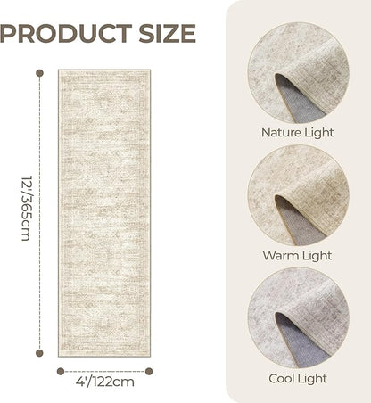 4x12 Runner Rug for Hallway, Low-Pile Wide Runner for Entryway, Long Washable Non-Slip Kitchen Rug, Soft Modern Home Decor Mat for Living, Laundry Room(4'x12', Beige/Ivory)