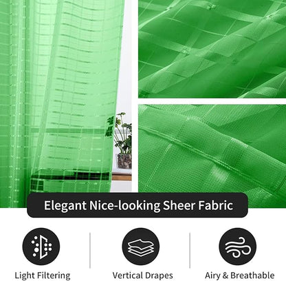 SpaceDresser Check Sheer Curtains 45 Inches 2 Panels Set, Rod Pocket Plaid Window Curtain for Living Room, Green Semi Sheer Drapes for Kitchen Bedroom Children Room Yard（Green, 52W x 45L）