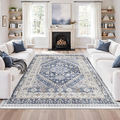 zesthome 5x7 Area Rugs - Ultra-Thin Washble Rug, Stain Resistant Anti Slip Backing Rugs for Living Room,Bedroom, Vintage Home Decor Area Rug (Blue/Beige,5'x7')