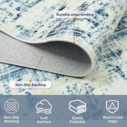 9x12 Area Rugs for Living Room Washable Rug: Anti-Skid Abstract Modern Living Room Rug Soft Thin Carpets Indoor Floor Non-Shedding Carpet for Bedroom Dining Farmhouse Nursery Blue Gray Gold