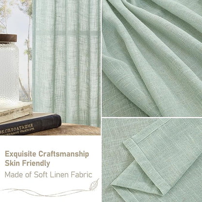 LAMIT 48 Inch Short Window Linen Curtains, Light Filtering Panels Back Tab and Rod Pocket Neutral Drapes for Cafe/Bathroom/Loft Room, Light Sage, 2 Panels, 34 x 48 Inch
