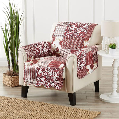 Great Bay Home Reversible Patchwork Chair Cover - Washable Slipcover Furniture Protector with Elastic Straps - Perfect for Kids & Pets - Box-Stitched Detail (Burgundy)