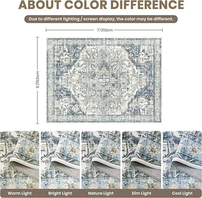 zesthome 5x7 Washable Rug-Stain Resistant Area Rugs for Living Room, Ultra-Thin Vintage Rugs, Non-Slip Backing Rug, Low Pile Large Area Rug, Boho Home Decor