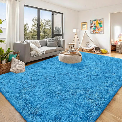 OLANLY 8x10 Machine Washable Large Area Rugs for Living Room, Bedroom, Soft Fluffy Shaggy Bedside Rug, Indoor Floor Carpet for Kids Girls and Boys, Dorms, Nursery, Home Decor Aesthetic, Bright Blue