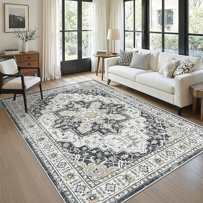 zesthome 5x7 Area Rugs, Machine Washable Rugs for Living Room, Bedroom,Stain Resistant Vintage Large Area Rug,Non-Slip Medallion Pattern Home Decor Rugs (Black,5'x7')