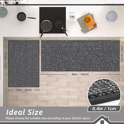 BEQHAUSE Kitchen Rugs and Mats 2PCS, Non-Slip Kitchen Mats for Floor, Absorbent and Stain Resistant Kitchen Runner, Machine Washable Rugs for Kitchen, Laundry & Sink, 24"x36"+24"x60", Charcoal