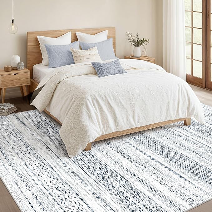 Nakagishi 6x9 Area Rugs Living Room: Washable Boho Large Neutral Soft Farmhouse Rug Stain Resistant Modern Indoor Floor Non-Slip Carpet for Bedroom Nursery Playroom Office Dining Room Dorm-White Blue