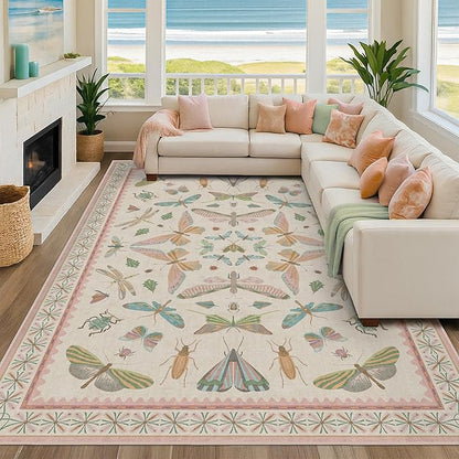 Hazo Haus Cute Rugs for Bedroom Girls - Pink Living Room Rugs 8X10, Dining Room Table, Washable Pastel Flower Insect Print Whimsical Décor