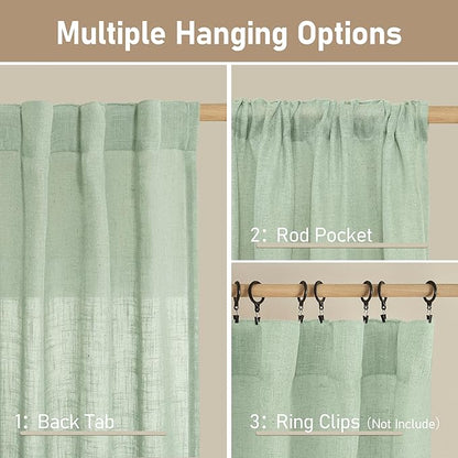 LAMIT Semi Sheer Linen Curtains 45 Inches Long, Light Filtering Panels Back Tab and Rod Pocket Neutral Drapes for Kitchen/Window/Bedroom, Fresh Green, 2 Panels, 52 x 45 Inch