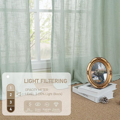 LAMIT 48 Inch Short Window Linen Curtains, Light Filtering Panels Back Tab and Rod Pocket Neutral Drapes for Cafe/Bathroom/Loft Room, Light Sage, 2 Panels, 34 x 48 Inch