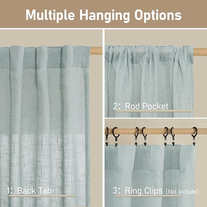 LAMIT Window Linen Curtains 24 Inch Length, Semi Sheer Light Filtering Window Panels Back Tab and Rod Pocket Drapes for Kitchen/Small Windows, Greyish Blue, 25 x 24 Inch, 2 Panels