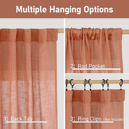 LAMIT Terracotta Linen Boho Curtains 80 inch Length, Light Filtering Semi Sheer Panels Back Tab and Rod Pocket Neutral Panels for Bedroom/Living Room, 52 x 80 Inch