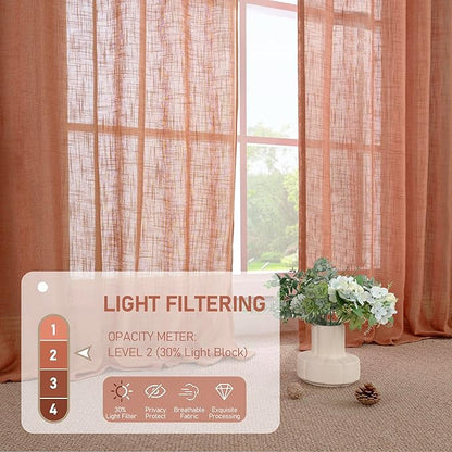 LAMIT Terracotta Linen Boho Curtains 80 inch Length, Light Filtering Semi Sheer Panels Back Tab and Rod Pocket Neutral Panels for Bedroom/Living Room, 52 x 80 Inch