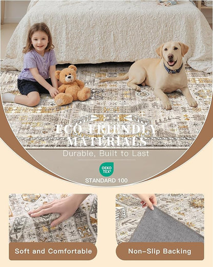 Madane 3x20 Hallway Runner Rug - Extra Long Carpet Runners for Hallways 20ft Non Slip Stain Resistant Rugs Runner for Living Room Bedroom 20 Feet Distressed Floor Carpet for Kitchen, Brown/Gold