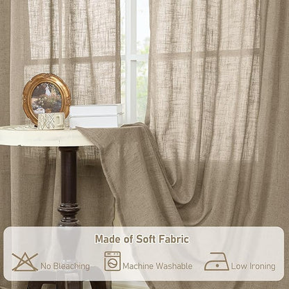 LAMIT 54 Inch Semi Sheer Window Linen Curtains, Light Filtering Panels Back Tab and Rod Pocket Country Decor Drapes for Bedroom/Farmhouse, Taupe, 2 Panels, 34 x 54 Inch
