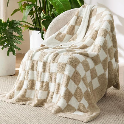 Bedsure GentleSoft Checkered Twin Blanket for Couch, Super Soft Cozy & Warm Knit Throw Blanket, Lightweight & Fluffy Plaid Blankets for Bedding, Sofa, Gifts for Women Men, Beige, 60x80 Inches