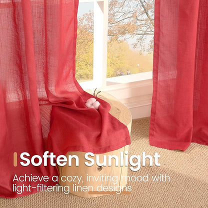 BGment Red Linen Curtains 45 Inch Length for Short Kitchen Window, Rod Pocket Semi Sheer Drapes for Office Cafe Bathroom Rustic Textured Lightweight, 2 Panels Set, Each 42 Inch Wide
