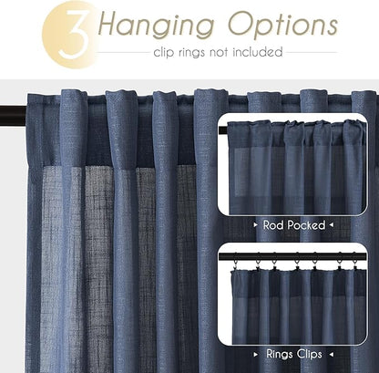 Navy Blue Curtains 96 inch Length for Bedroom Back Tab Light Filtering Semi Sheer Blue Living Room Curtains Linen Cotton Textured Indigo Blue Drapery Panel Modern Aesthetic Decor 60" Wx96 L