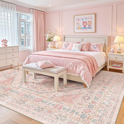 zesthome 8x12 Area Rugs for Girls Bedroom, Low Pile Machine Washable Rugs, Vintage Large Pink Rugs, Stain Resistant Nursery Room Rug, Baby Crawling Rug (Pink/Blue,8'x12')