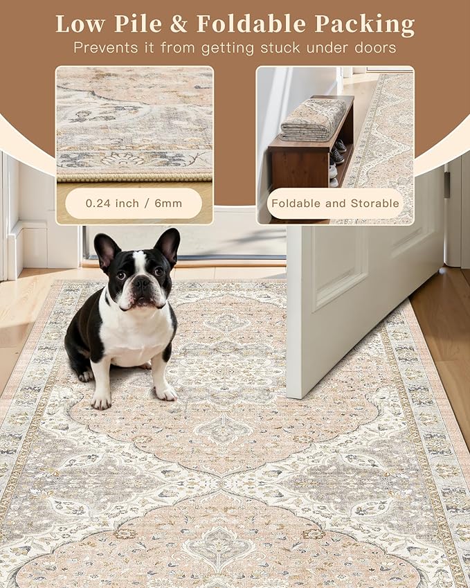 Madane Washable Area Rug 2x3, Small Entryway Rug Non-Slip Vintage Door Mat Indoor Entrance, Low Pile Floor Carpet for Inside Front Door Bedroom Kitchen Entry Laundry (2'x3', Pink/Gray)