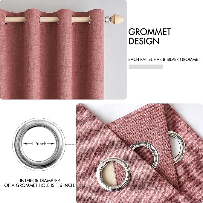 MIULEE 100% Blackout Linen Textured Curtains for Bedroom Solid Thermal Insulated Dusty Rose Grommet Room Darkening Curtains & Drapes Luxury Decor for Living Room Nursery 52 x 108 Inch (2 Panels)