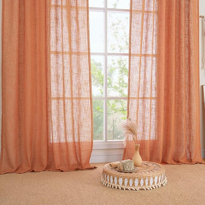 LAMIT 54 Inch Semi Sheer Window Linen Curtains, Light Filtering Panels Back Tab and Rod Pocket Country Decor Drapes for Bedroom/Farmhouse, Burnt Orange, 2 Panels, 34 x 54 Inch