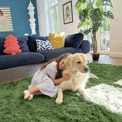OLANLY Area Rugs for Living Room Bedroom, Machine Washable 4x5.9 ft Soft Fluffy Shaggy Bedside Rug, Indoor Floor Carpet for Kids Girls and Boys, Dorms, Nursery Rooms, Home Decor Aesthetic, Green